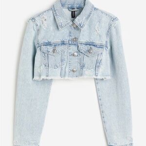 H&M Light Blue Cropped Distressed Denim Jacket